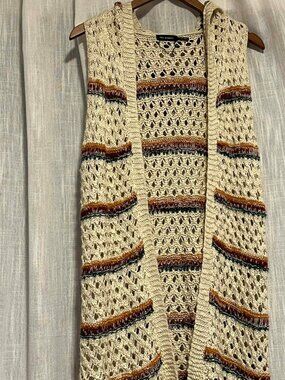 Blue Pepper Boho Crochet Hooded Sweater Duster Sleeveless Striped Size S